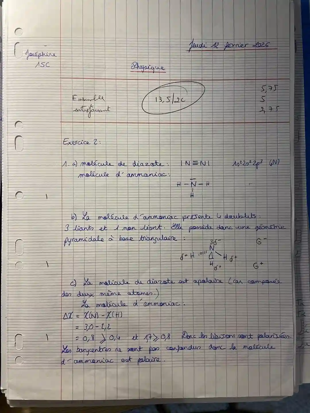 copie d'élève de physique-chimie en première à l'institut notre dame de saint germain en laye 13 sur 20