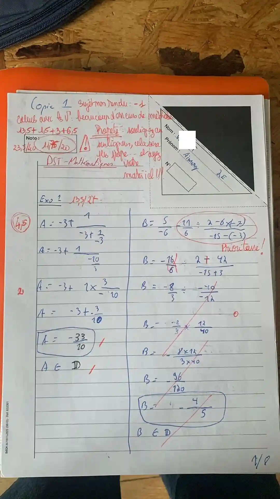 Copie d’élève de maths seconde à l'institut notre dame – note 15/20