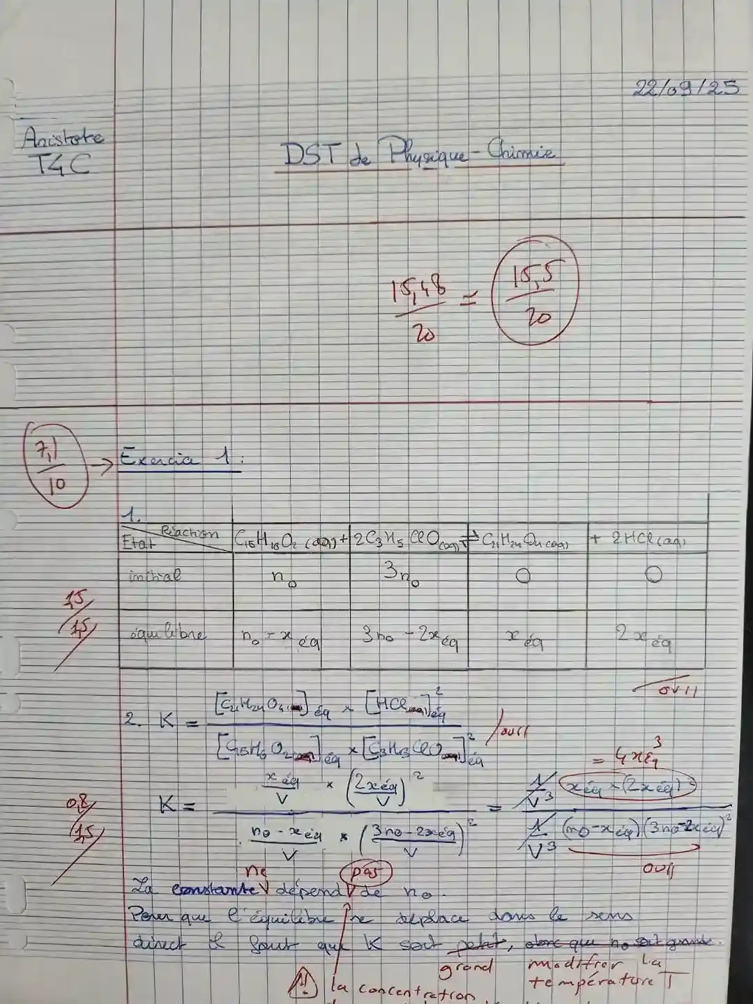 Copie d'élève après stage pré-rentrée physique-chimie