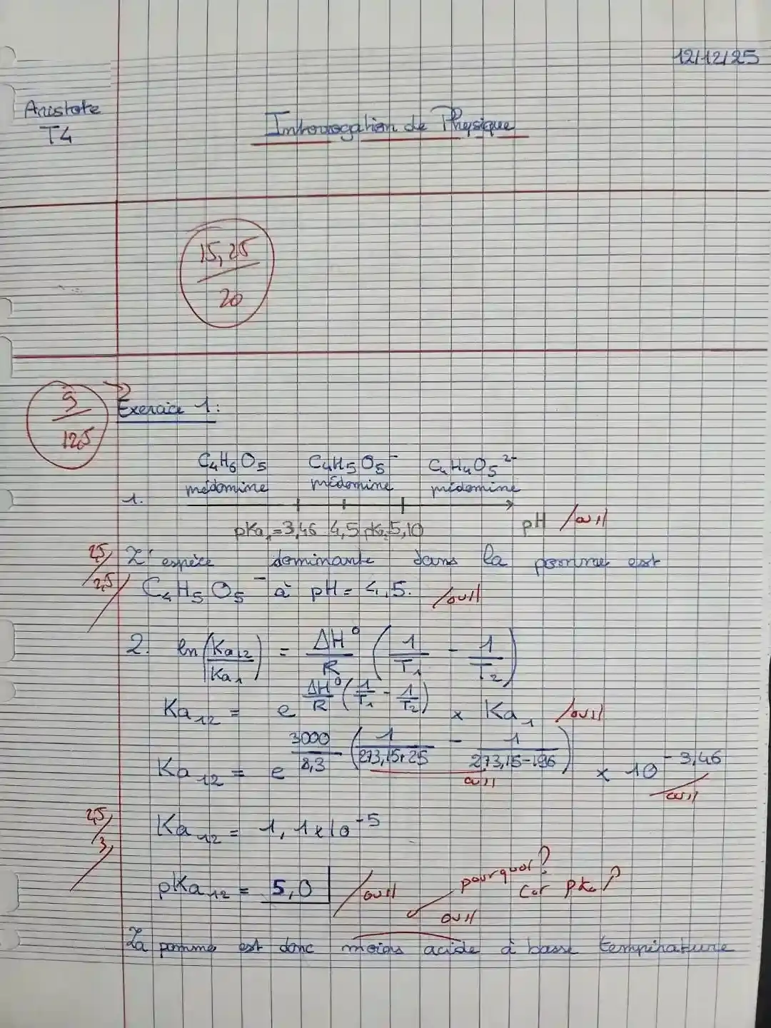 Copie d'élève après stage Toussaint physique-chimie