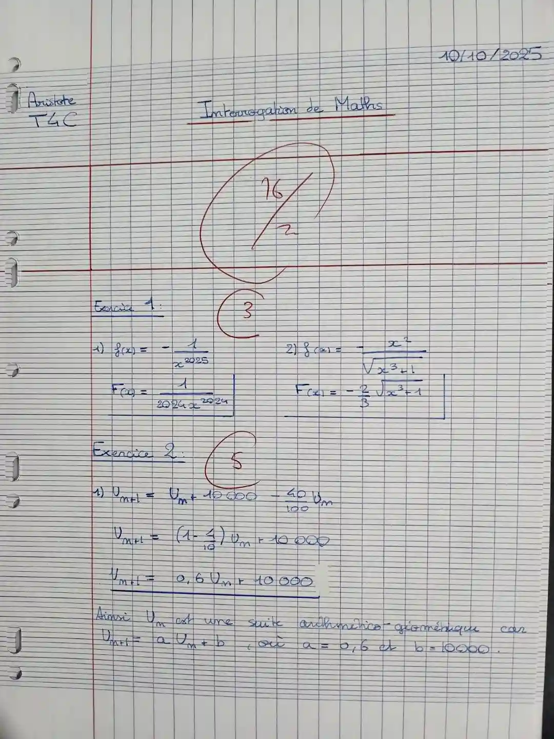 copie d'élève en maths en terminale au lycée Saint-erembert 16 sur 20